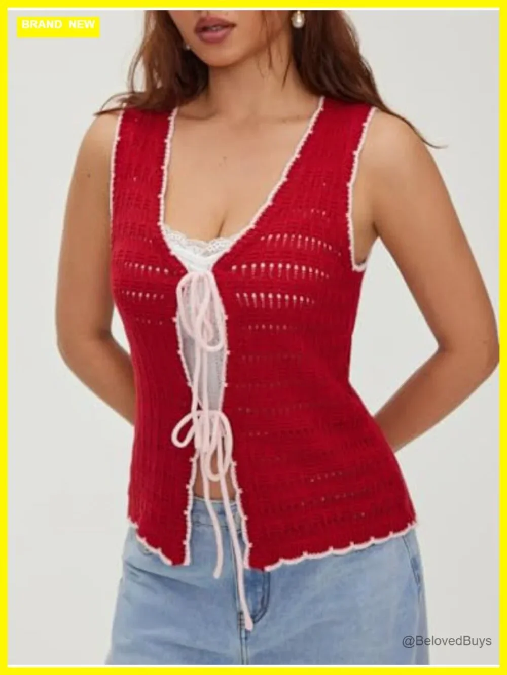 Crochet Knit Sleeveless Sweater Vest V-Neck Lace-Up Scalloped Trim Summer